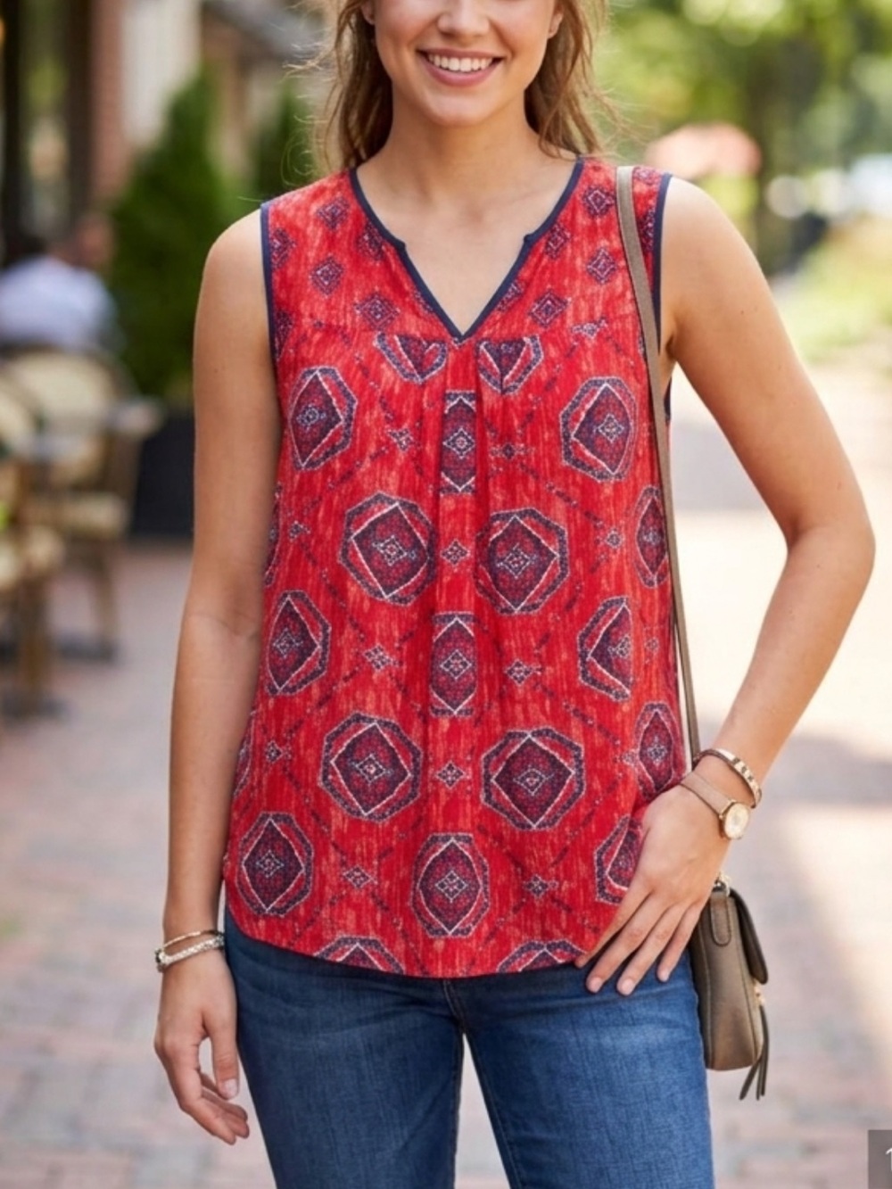 Lucky Brand Silk Boho Ethnic Medallion Print V-Neck Sleeveless Red Top - M